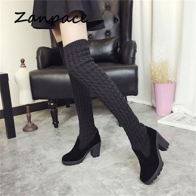 Fashion 2025 Winter Warm Women Boots Ladies Knee High Shoes Thick Knitted High Heel Boots Round Top Women High Boots Big Size 35-40