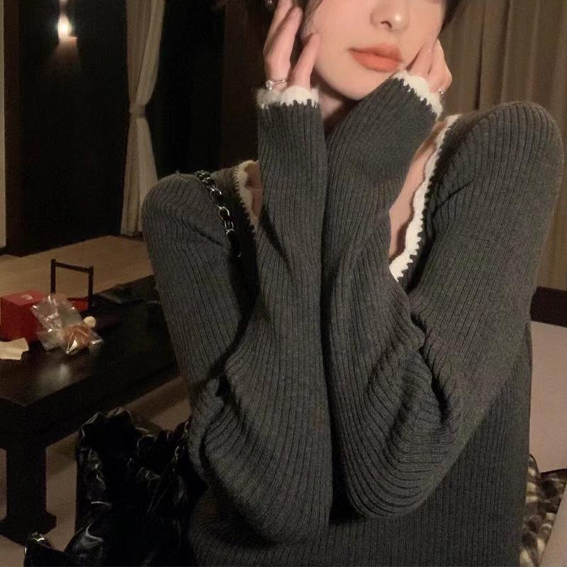 

Retro French Round Neck Knitwear: Women s Slim Fit Long Sleeve Pullover for Early Autumn One Size сірий колір