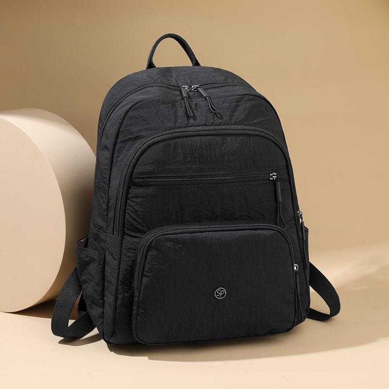 Solid Color Backpack Women's Multi-Layer Pocket Water-Repellent Nylon Backpack