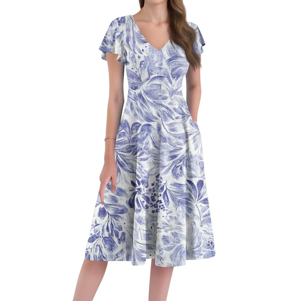 A Casual And Fashionable V-Neck Short-Sleeved Medium-Length Dress With Floral Prints For Women
