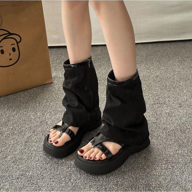 Niche thick-soled heightening niche Roman shoes 2025 summer new sandals women's toes retro cool boots short boots pant boots