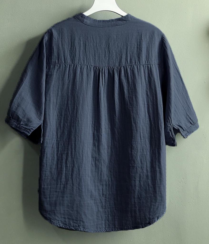 Shirt for Short Loose Large Size [EASTEMPO] Women, Sleeve, Summer, Fit, Business, Casual, 5/8 Sleeve, V-Neck, Cotton, (JP, Alphabet, M, Navy)