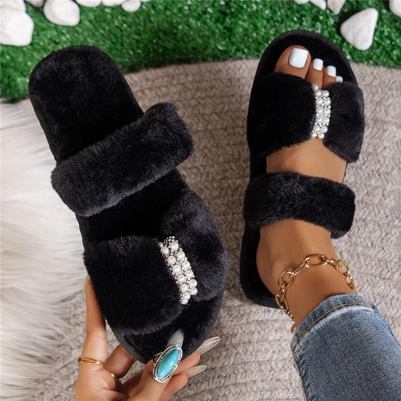 Women Fuzzy Plush Slippers Pearl Bow Decor Open‑Toe Flat Slide Slippers Soft Cozy Non‑Slip Indoor House Shoes For Autumn Winter