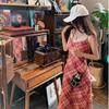 Temperament plaid suspender skirt women's early spring seaside vacation style red waist dress hip skirt long dress