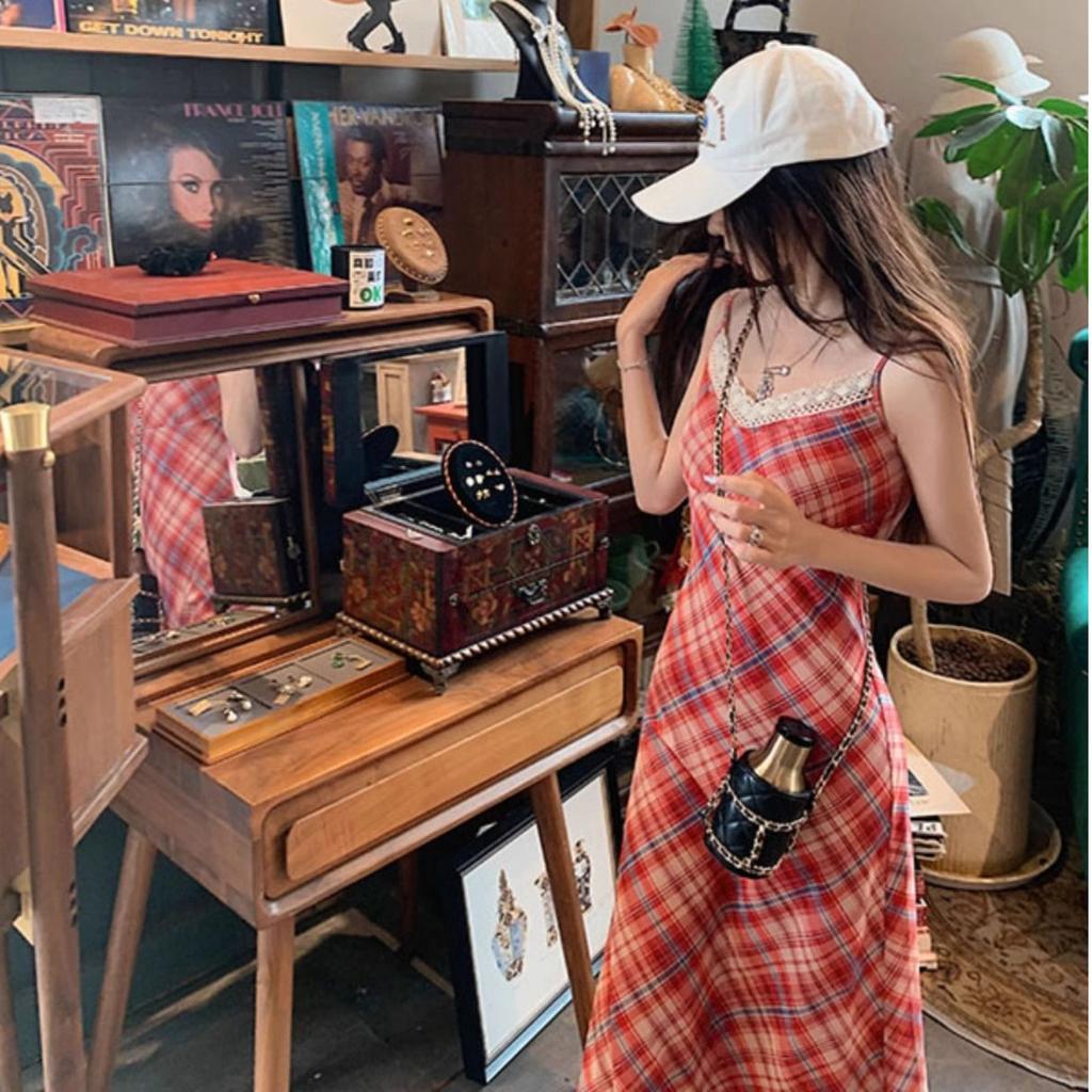 Temperament plaid suspender skirt women's early spring seaside vacation style red waist dress hip skirt long dress