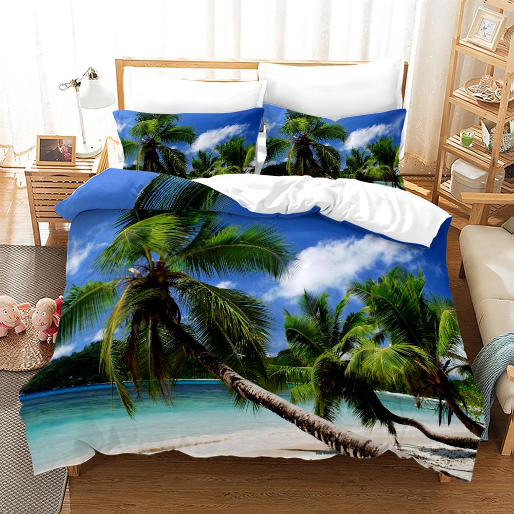 Tropical Landscape Polyester Duvet Cover Sets King Full With Pillowcase Coconut Trees Sea Sunset Natural View Large Sun Pattern