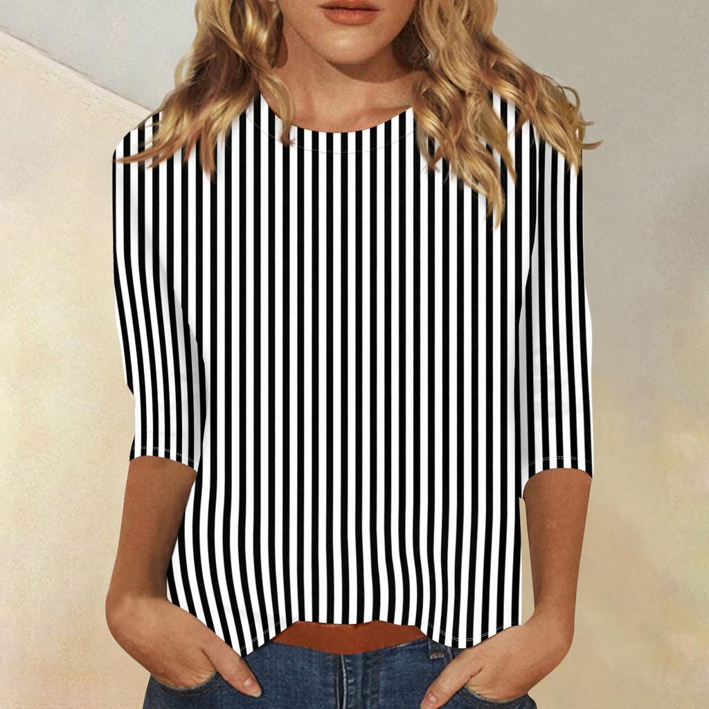 Women's Fashionable Casual Three-Quarter Sleeve Striped Print -Neck T-Shirt Top