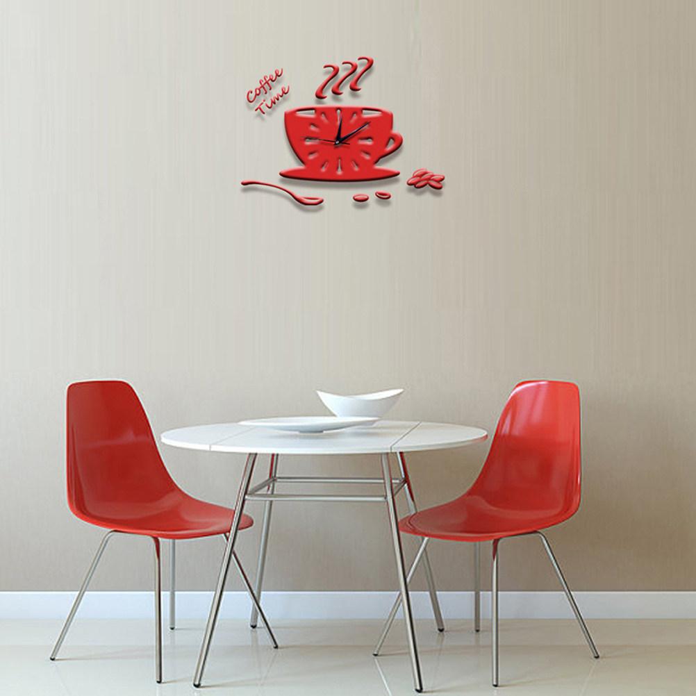 3D Acrylic Coffee Wall Clock Modern Kitchen Decor DIY Hollow Numeral Timepiece Red Wall Clock Home Decor