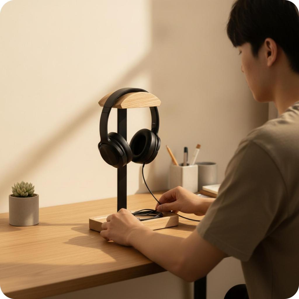 Desktop Headphone Stand Aluminum Alloy Wood Curved Top Headset Holder