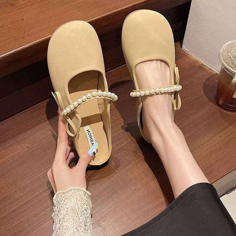Flat bottom soft bottom bag head half slippers women's outer wear 2025 new spring and summer cool slippers Mary Jane gentle evening shoes