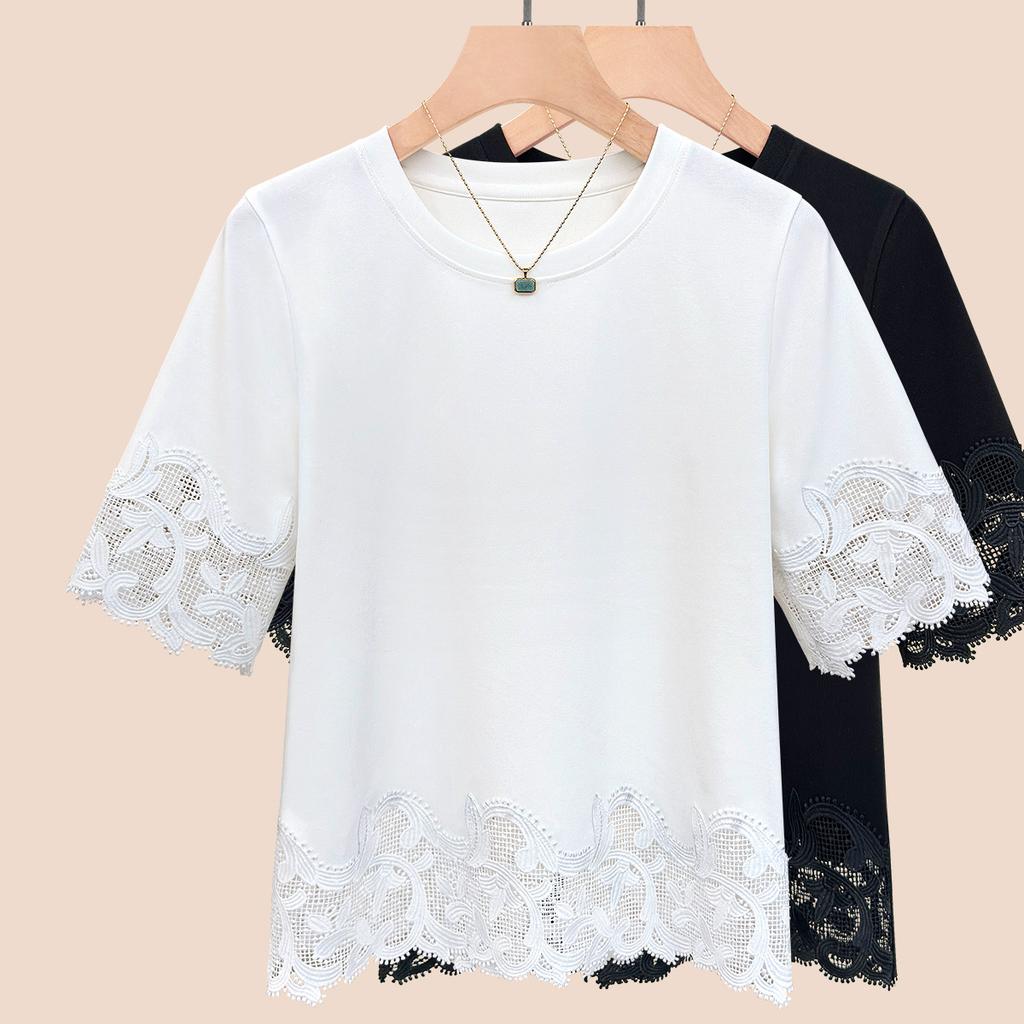 Women's Summer New Simple Everything Matching Slim Solid Color Design Sense Lace Crew Neck Patchwork Top