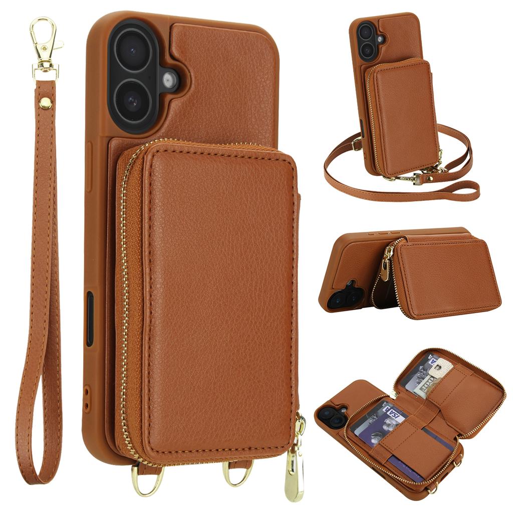For iPhone 16 Plus Case RFID Blocking Zipper Wallet Leather + TPU Phone Cover with Shoulder Strap