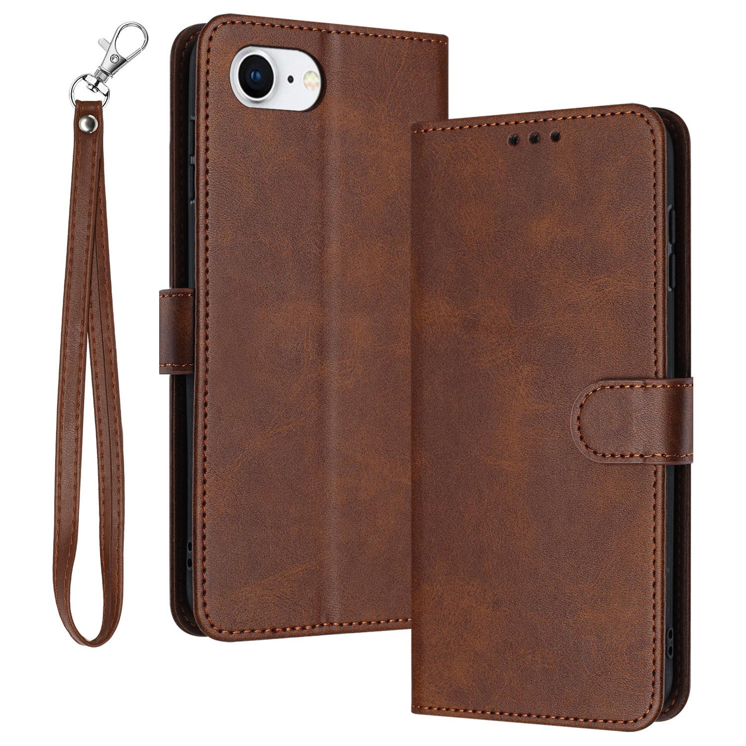

For iPhone 16e Case Calf Texture Leather Wallet Shockproof Flip Cover with Hand Strap Brown