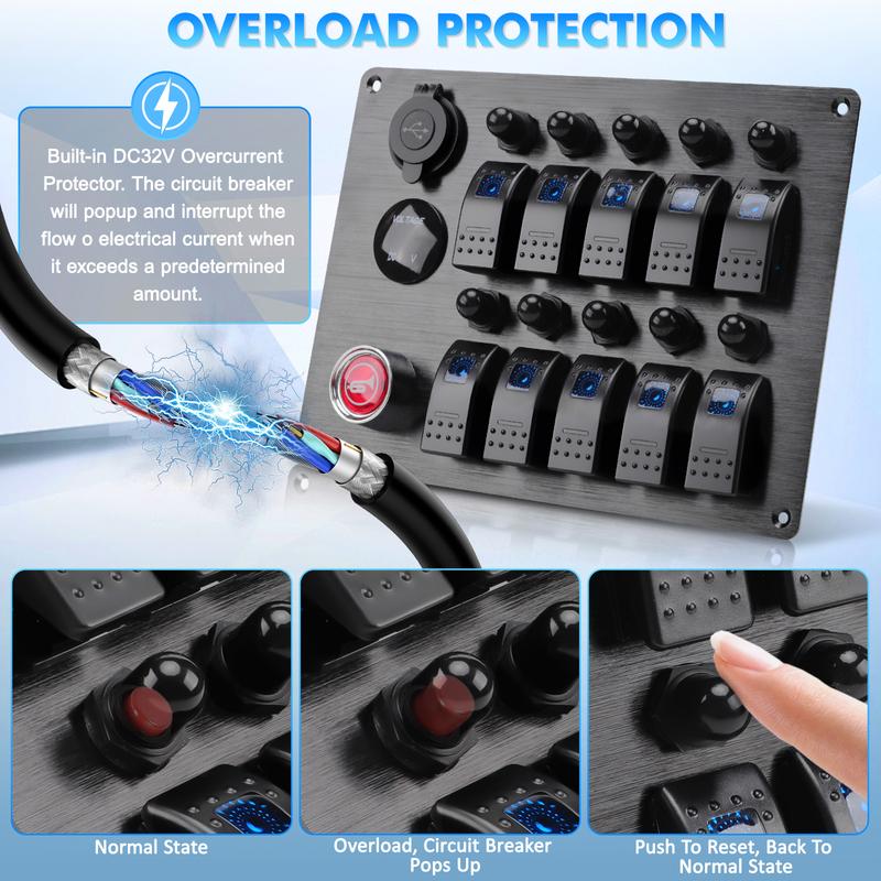 10 Gang Switch Panel Rocker Circuit Breaker Toggle Switch Panel With 3.1A Dual USB Charger+Voltmeter For Car Boat RV Camper