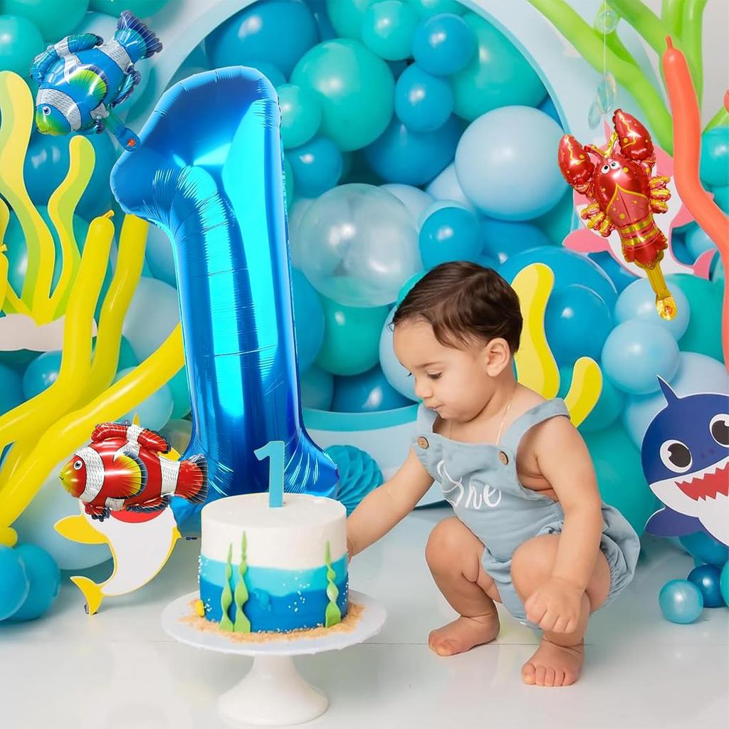 40 Inch Under the Sea Blue Number 1 Balloon, Mini Sea Animal Balloons Ocean Animal Foil Balloon, Fish Crawfish Balloons for Boys Girls Ocean Theme
