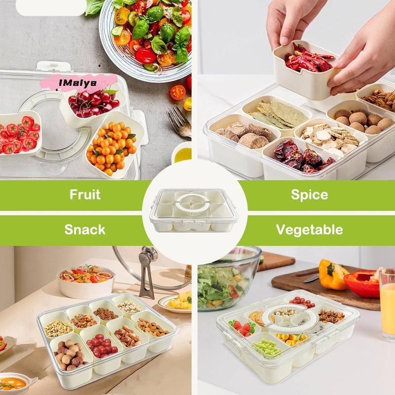 Rugged Portable Snack Food Box Container with Seasoning Divided Tray Lid And Handle 4/8 Snack Dividers for Easy Serving