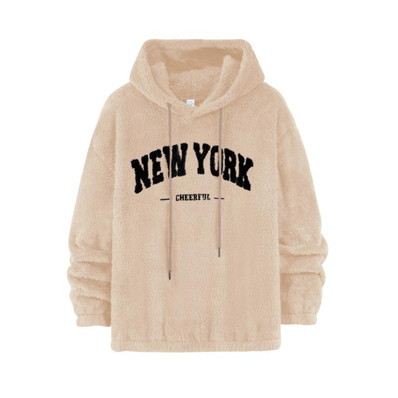 Men's sweater European version of lamb wool loose letter embroidery pocket hooded jacket