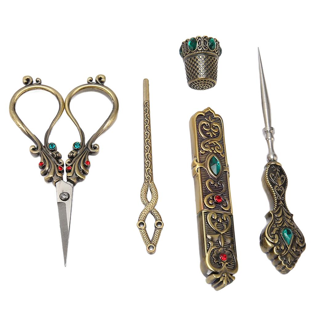 5pcs Embroidery Scissors Kit Alloy Vintage Sewing Kit with Thimble Threader Needle Case Punch