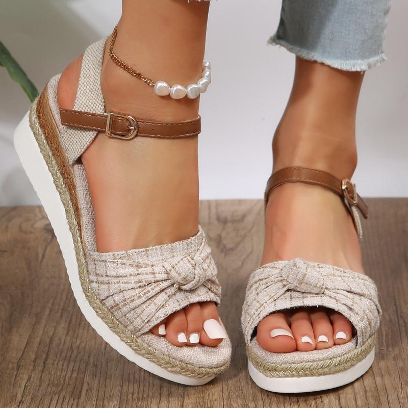 Summer new large-size hemp rope woven one-word buckle with flat-soled sandals women's slope heel thick-soled large-size women's sandals