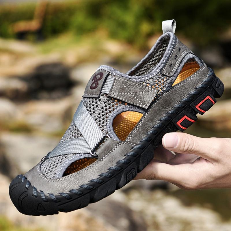 Fashion Breathable Mens Sandals Handmade Leather Male Summer Shoes Outdoor Walking Beach Flats Cool Mesh Sneakers Non-Slip Men Sandalias