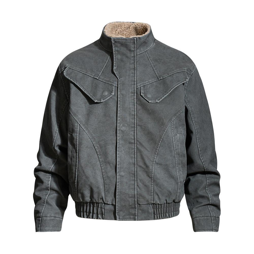 

American Retro Men s Stand Collar Cotton Jacket: Trendy Patchwork Design, Versatile Loose Fit Large темно-сірий