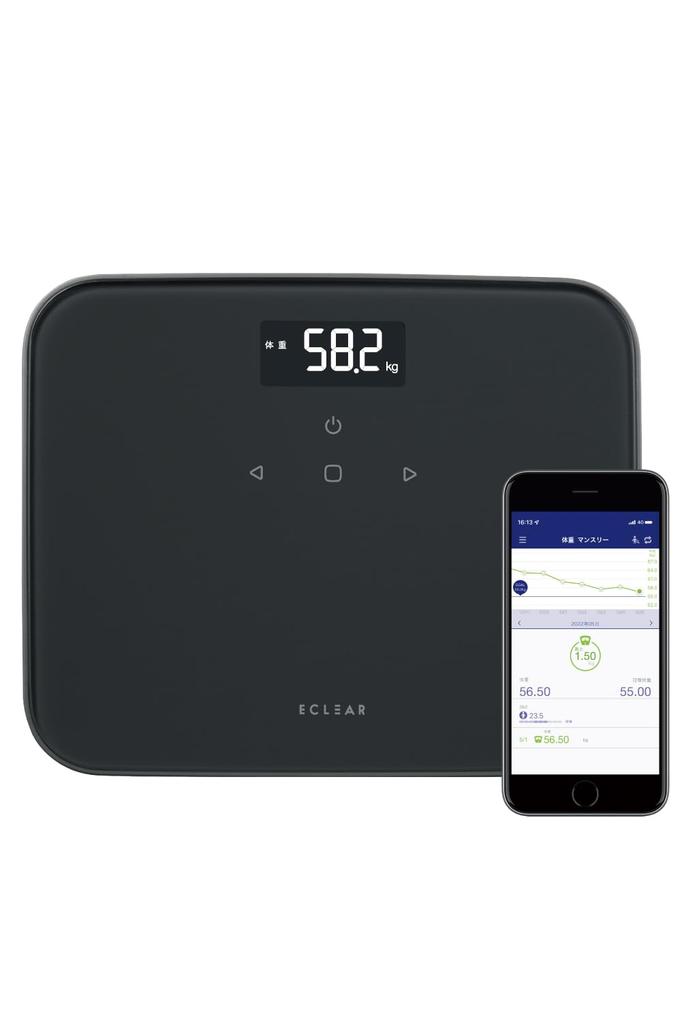 ELECOM ECLEAR Backlit Weight Scale Weight 100g Automatic Manual App Integration HCS-S02 (Weight/BMI/Last Difference), Increments, Recognition,