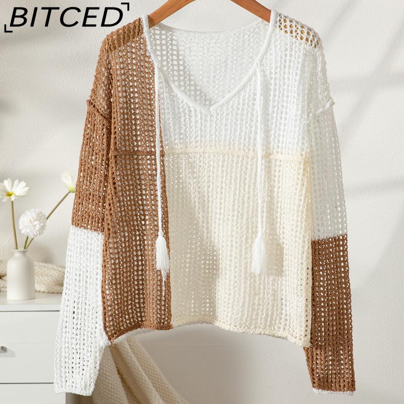 BITCED Fall V-Neck Long-Sleeve Top Women s Casual Color-Block Lace-Up Sweater XL абрикосовый 2118₽