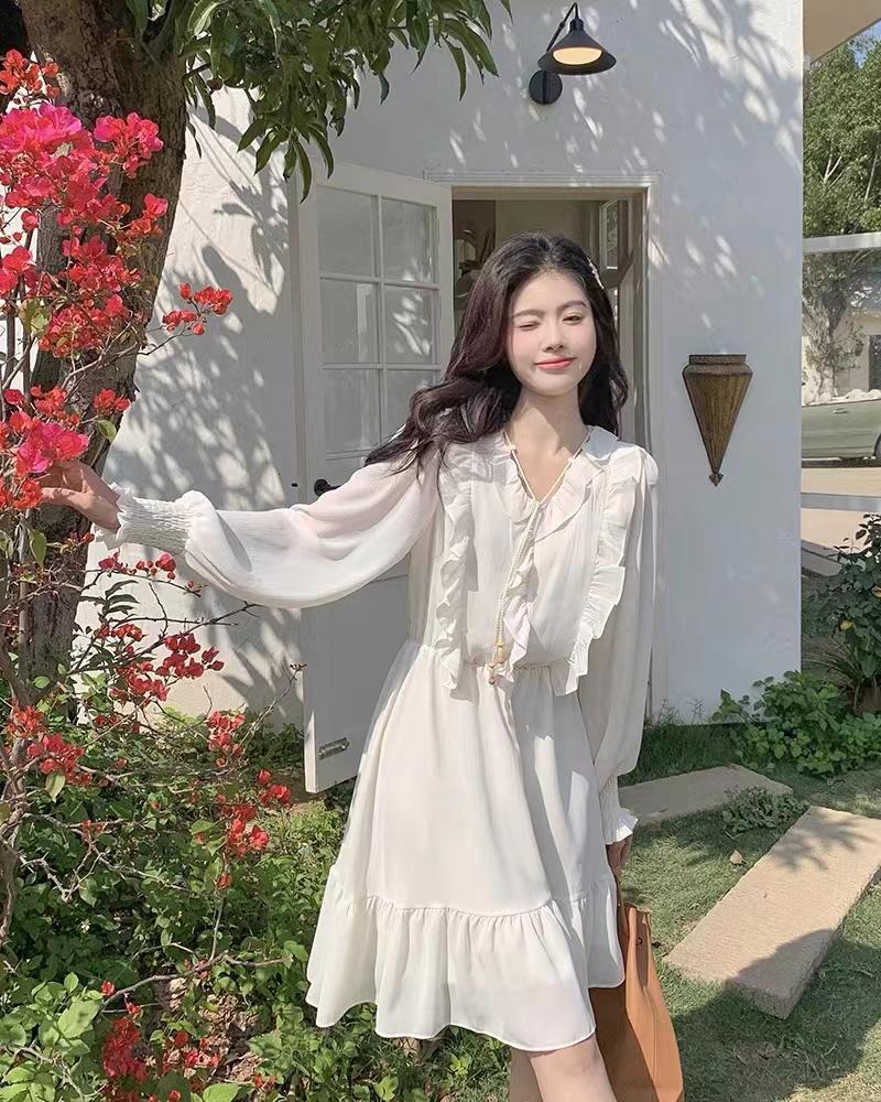 נשים מתוקות שמלת סלסולים אלגנטית סתיו משמש פנס שרוול ליידי Vintage One Pieces בגדי נשים צרפתי מוצק מקסי