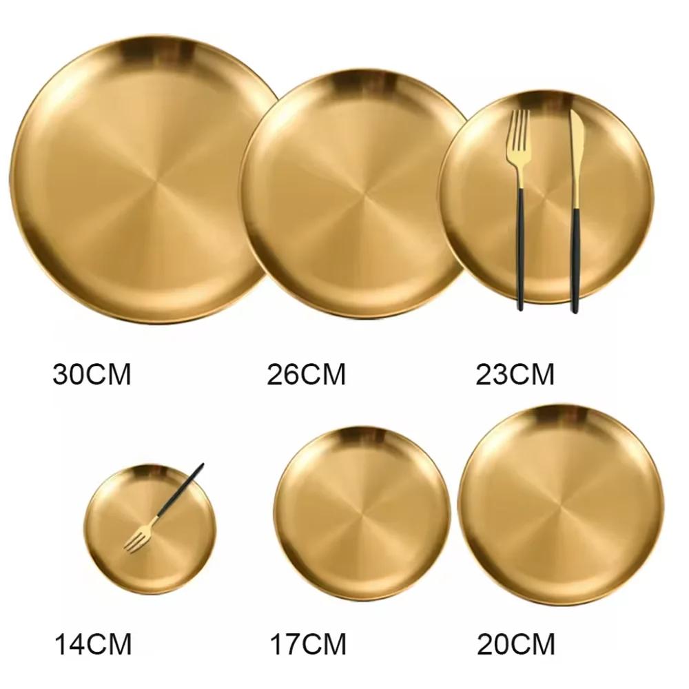 2Pcs Gold Stainless Steels Metal Round Plate Rust-Proof Shallow Tray Plate Camping Plate BBQ Picnic Dishes Cookware Tableware