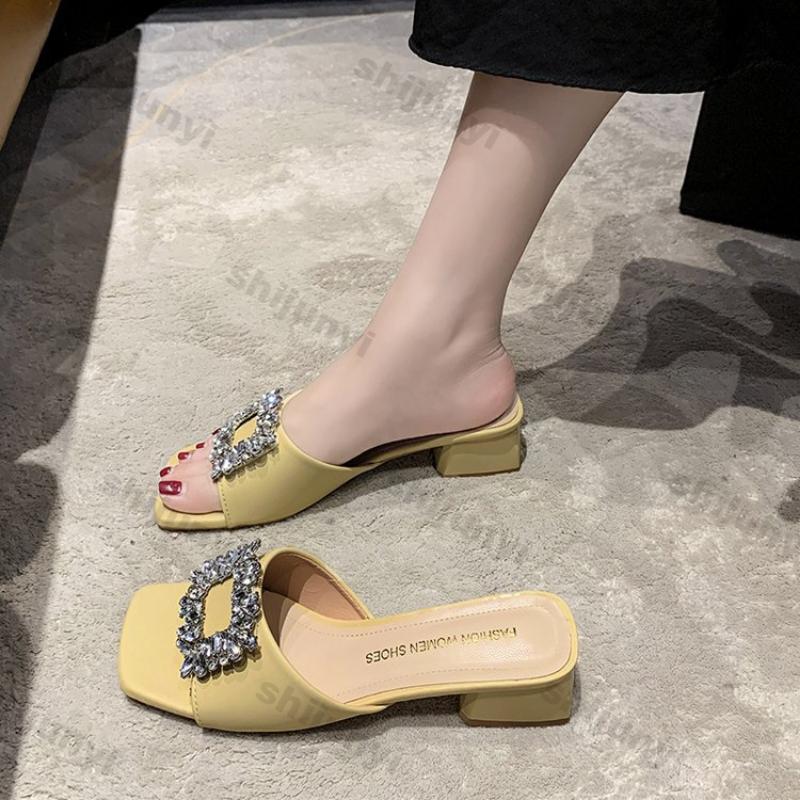 Women's Thick Slippers Summer New High Heels Square Head Open Toe Flip-flops Casual Fashion Sweet Diamond Square Buckle Sandals