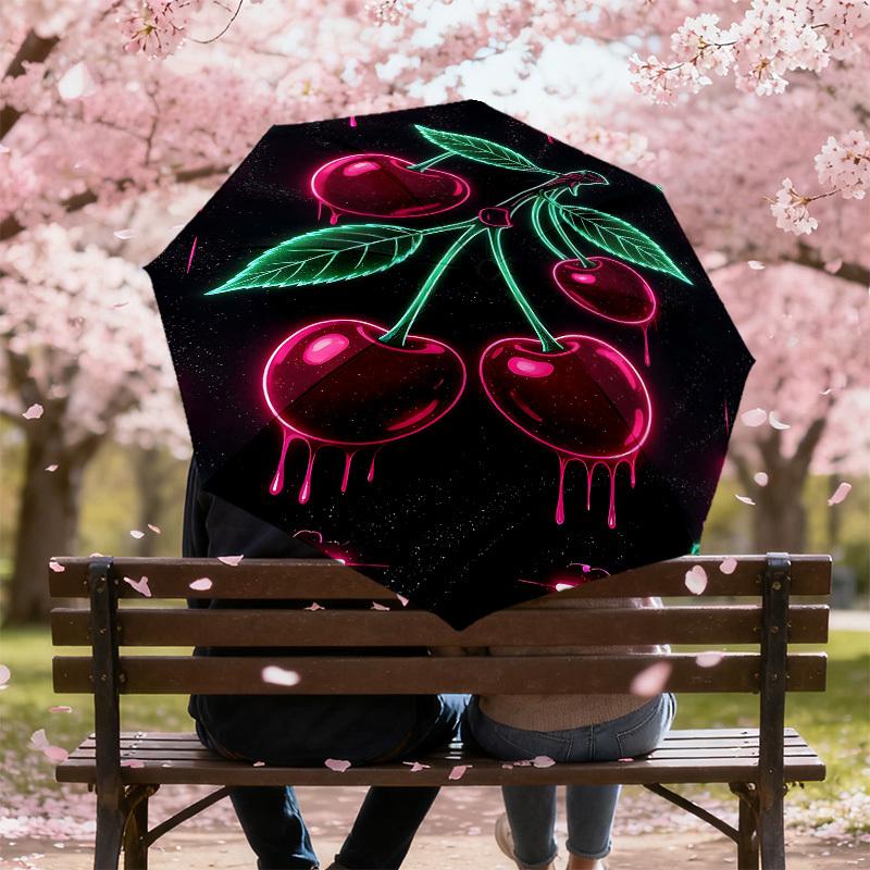 1pc Cherries Neon Automatic Open/Close Umbrella Compact Folding Umbrella with 8-Rib Shaft for Women/Men, Elegant Birthday1180S