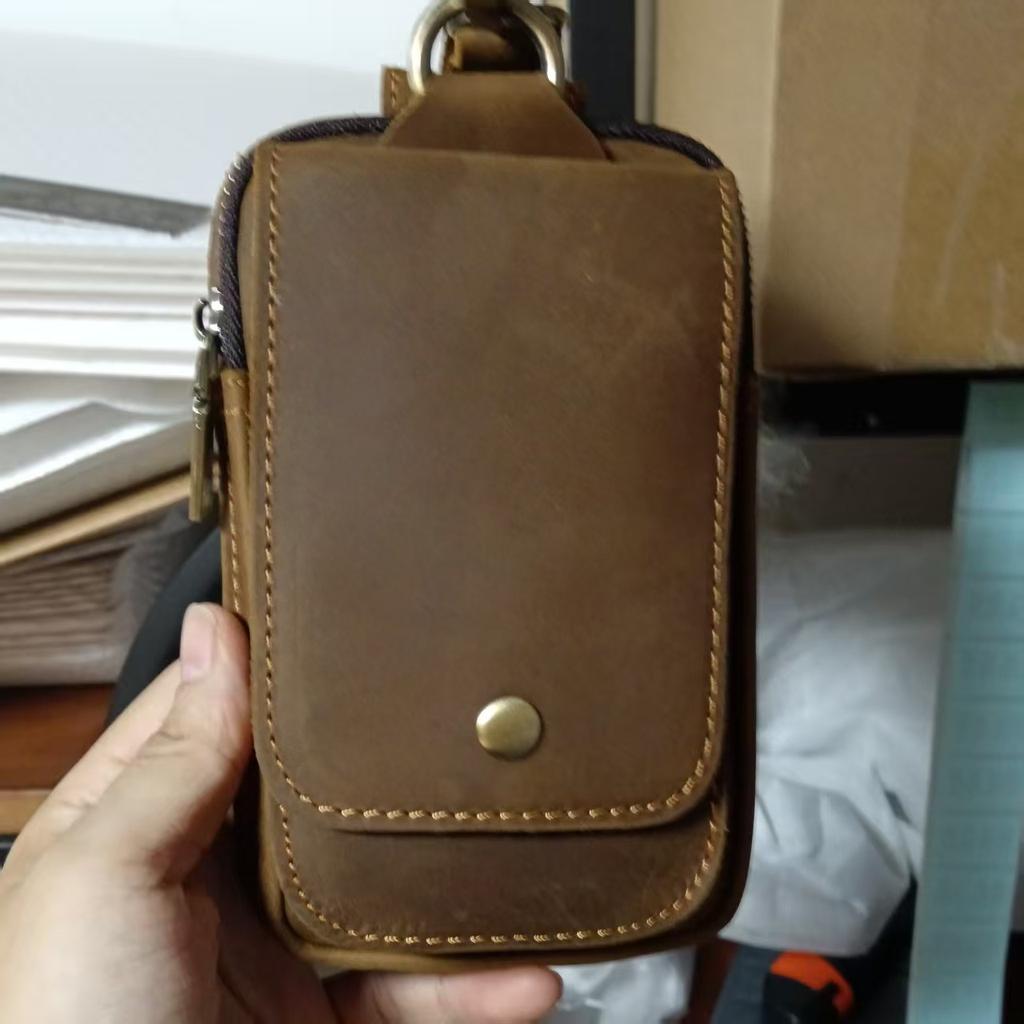Head layer Crazy Horse Skin Waist Bag, Genuine Leather, Foreign Trade Men's 6-inch Mobile Phone Bag, External Hook, Wearing Belt, Small Waist Bag