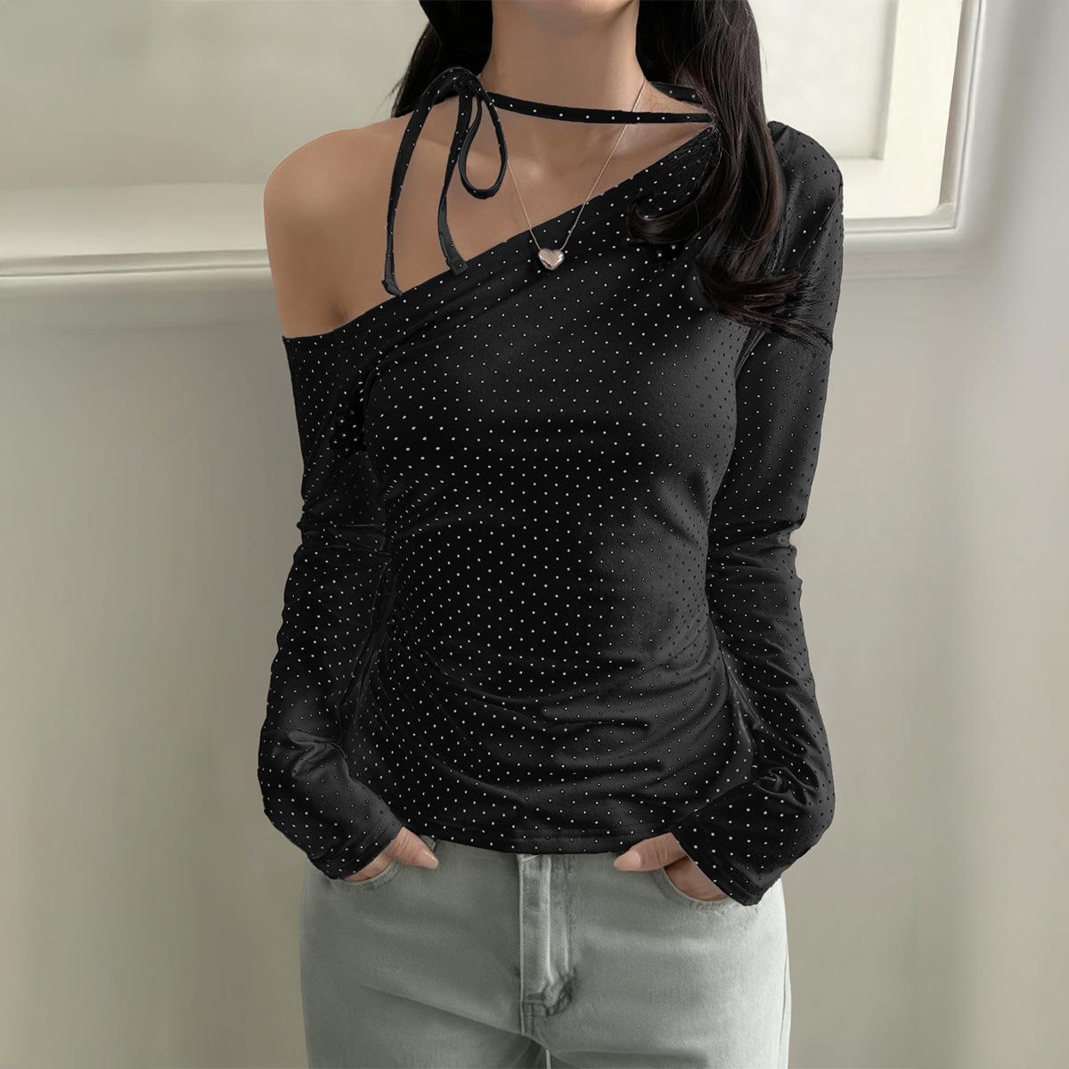 

European and American Y2K sweet sister versatile cat lace-up long-sleeved T-shirt top women s spring and summer XXS чорний