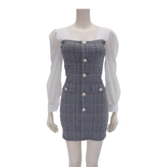 GRAXIA Mini Size Long Square Checked Square Perfect for Hostess or Lounge Women's Dress, Black, M, Sleeves, Neck, Sheer, Pattern, Neck, Sheer,