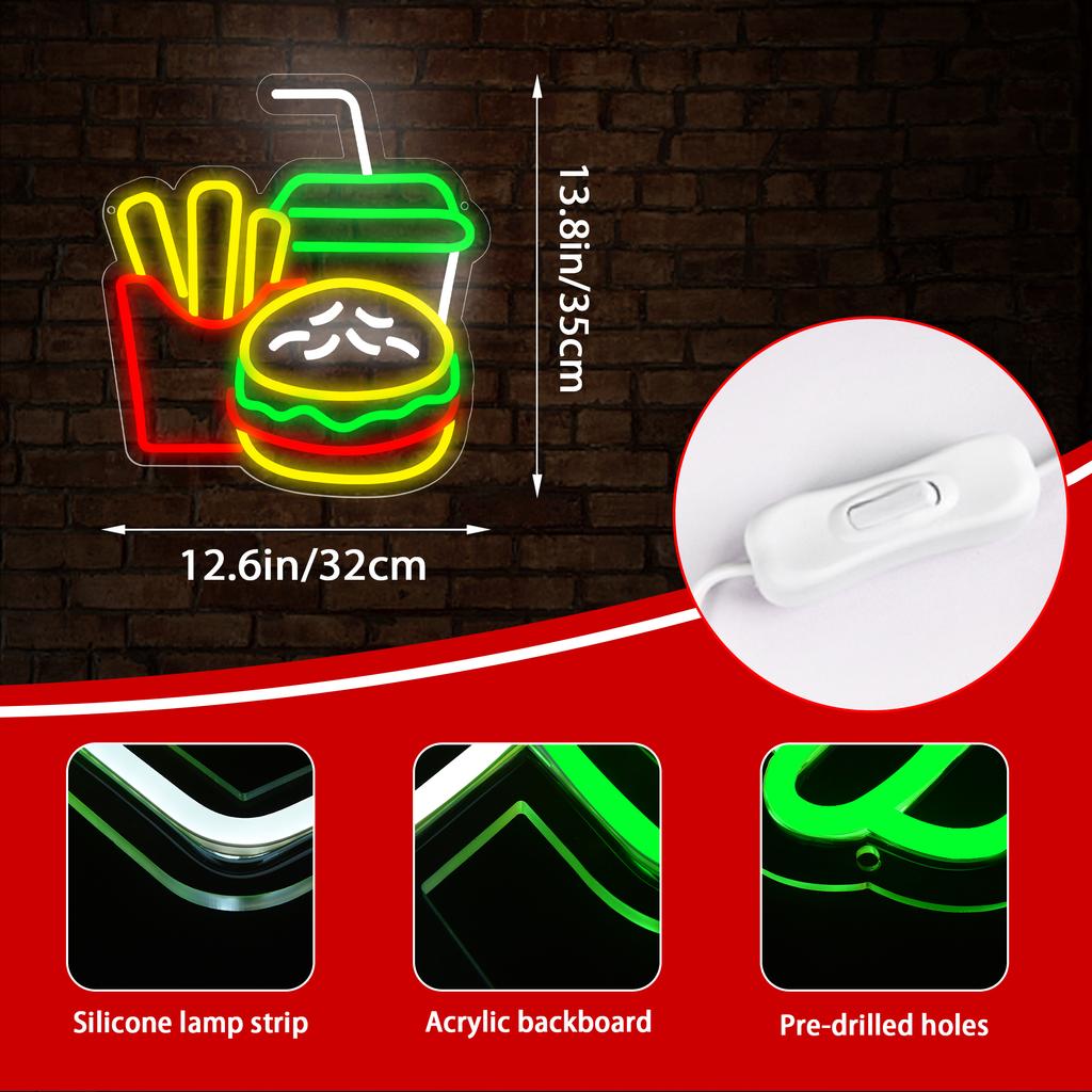 Burger Neon Sign for Burger Shop Decor French Fries LED Neon Light Fast Food Business Signs for Restaurant Store USB Powered