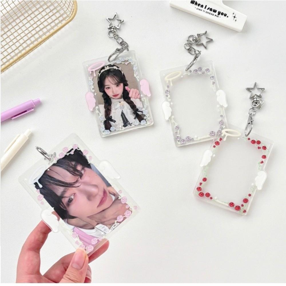 Rose Pattern Keychain Charm Star Clip Photo Display Keychain Card Protector Charm Kpop Photocards