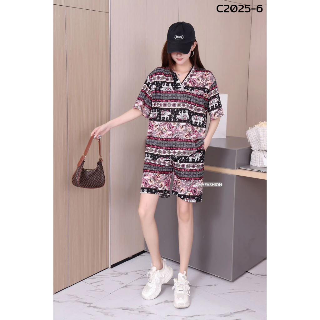 Elephant Pants Shorts Shirt Set V-neck Crop Top Short Sleeve Adjustable Elastic Waistband Strap Women Print Casual Boho Bohemian Retro Vintage