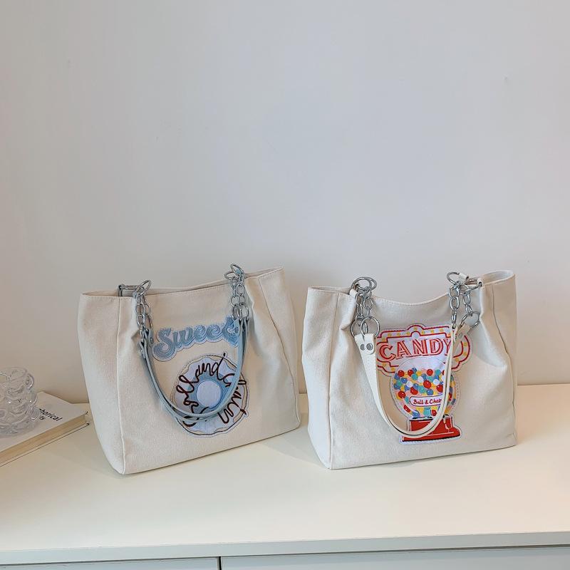 Design Tote Bag New Korean Edition Zipper Canvas Red Large Capacity Versatile Cartoon Blue Personalized Shoulder Bag For Women