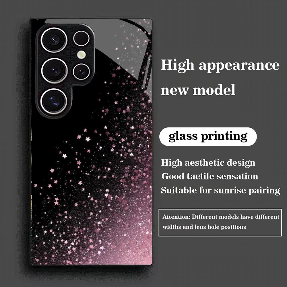 Pink Glitter Pattern Tempered Glass Phone Case Suitable for Samsung Galaxy S26 S25 S24 S22 S21 S20 FE/Ultra/Plus Anti Drop