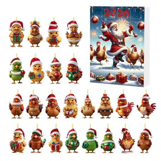 Weihnachts-Adventskalender Huhn 2026, 24 Tage Countdown mit 2D-Flachornament-Set Acryl-Ornament, Cartoon-Hängeanhänger für Baum, Feiertag B