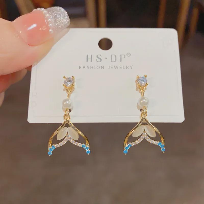 French Zircon Pearl Fishtail Earrings - Chic, Minimalist Silver Jewelry with a High-End Niche Design