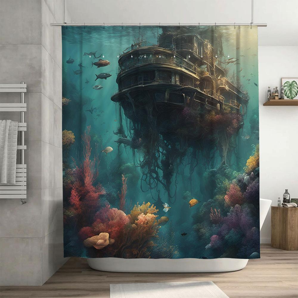 Underwater World Submerged Ship Bathing Room Curtain Fish Coral Aquarium Decoration Shower Curtain Home Decor Customizable Size