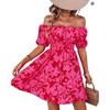 Women's Summer New European and American Short-sleeved One-word Shoulder Print Flower Dress
