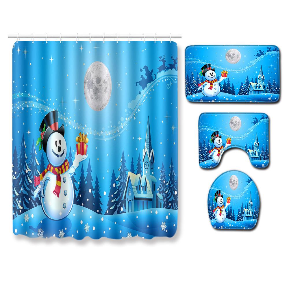Christmas Shower Curtain Floor Mat Combination Four-Piece Set Bathroom Toilet Carpet Shower Room Mat Foot Mat