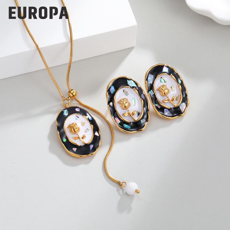 Elegant 18K Gold Vintage Stainless Steel Geometric Oval Jewelry Set