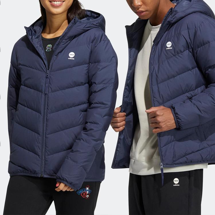 Adidas Jaqueta Puffer de Penas com Capuz e Zíper Estampa de Logo Cor Sólida Neo Jaquetas Unissex Azul HY9636