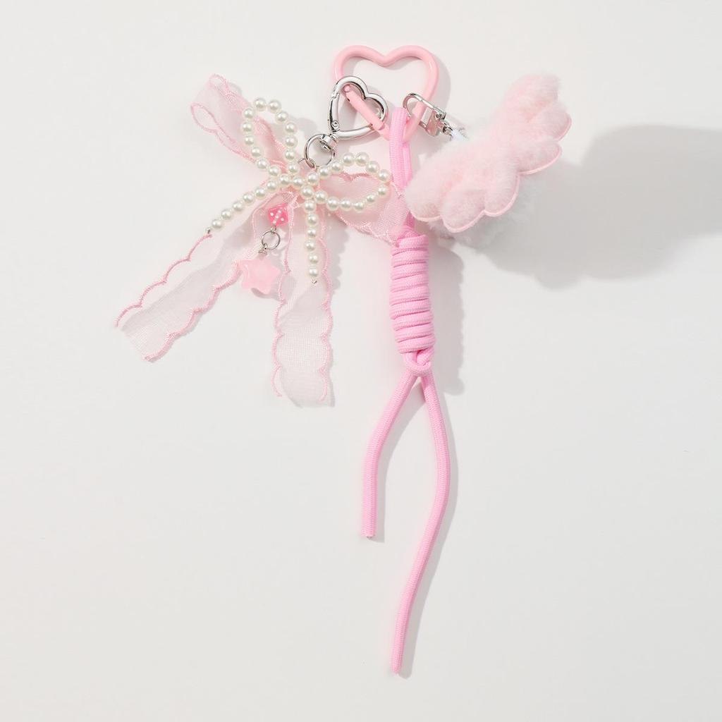 Autumn & Winter Sweet Casual Pompom Bow & Heart Woven Keychain Charm