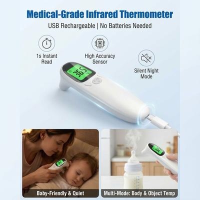 Silent Baby Thermometer USB Charging Infrared Digital Forehead & Ear Fever Sensor with Night Light Memory Function for Kids