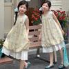 Girls' 2026 new sweet and cute sleeveless floral dress, summer lace patchwork mesh skirt, stylish long skirt