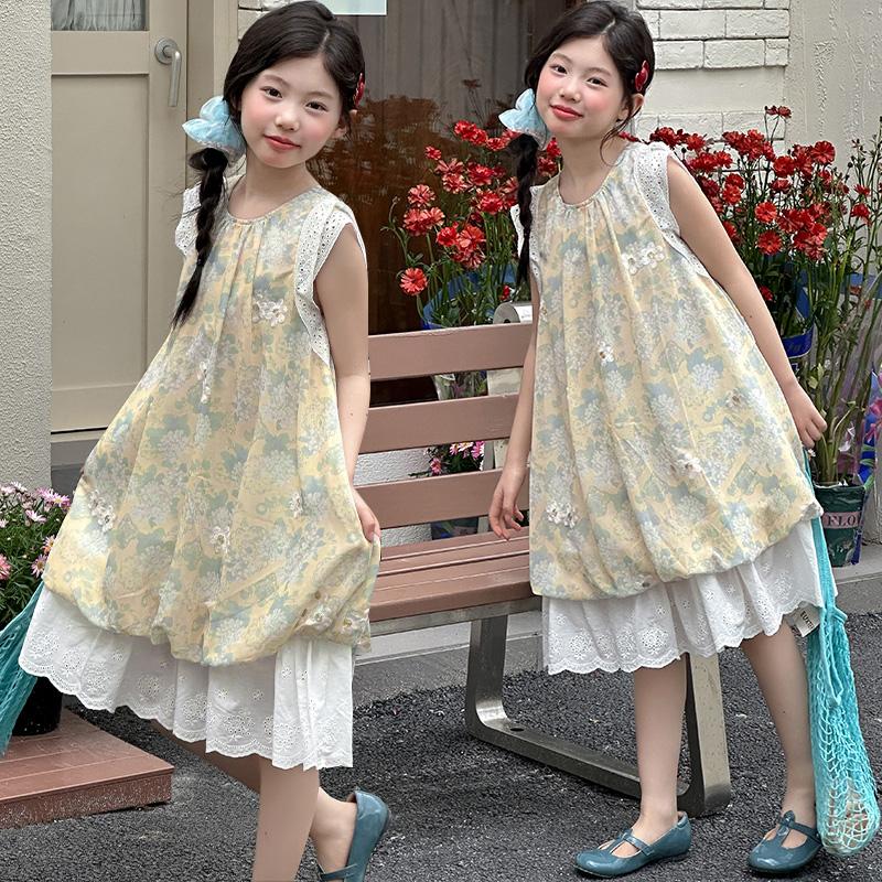 Girls' 2026 new sweet and cute sleeveless floral dress, summer lace patchwork mesh skirt, stylish long skirt